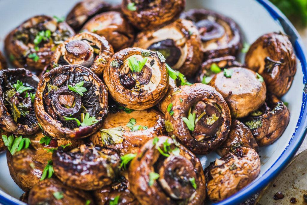 A bowl of tasty oven roasted garlic mushroom recipe